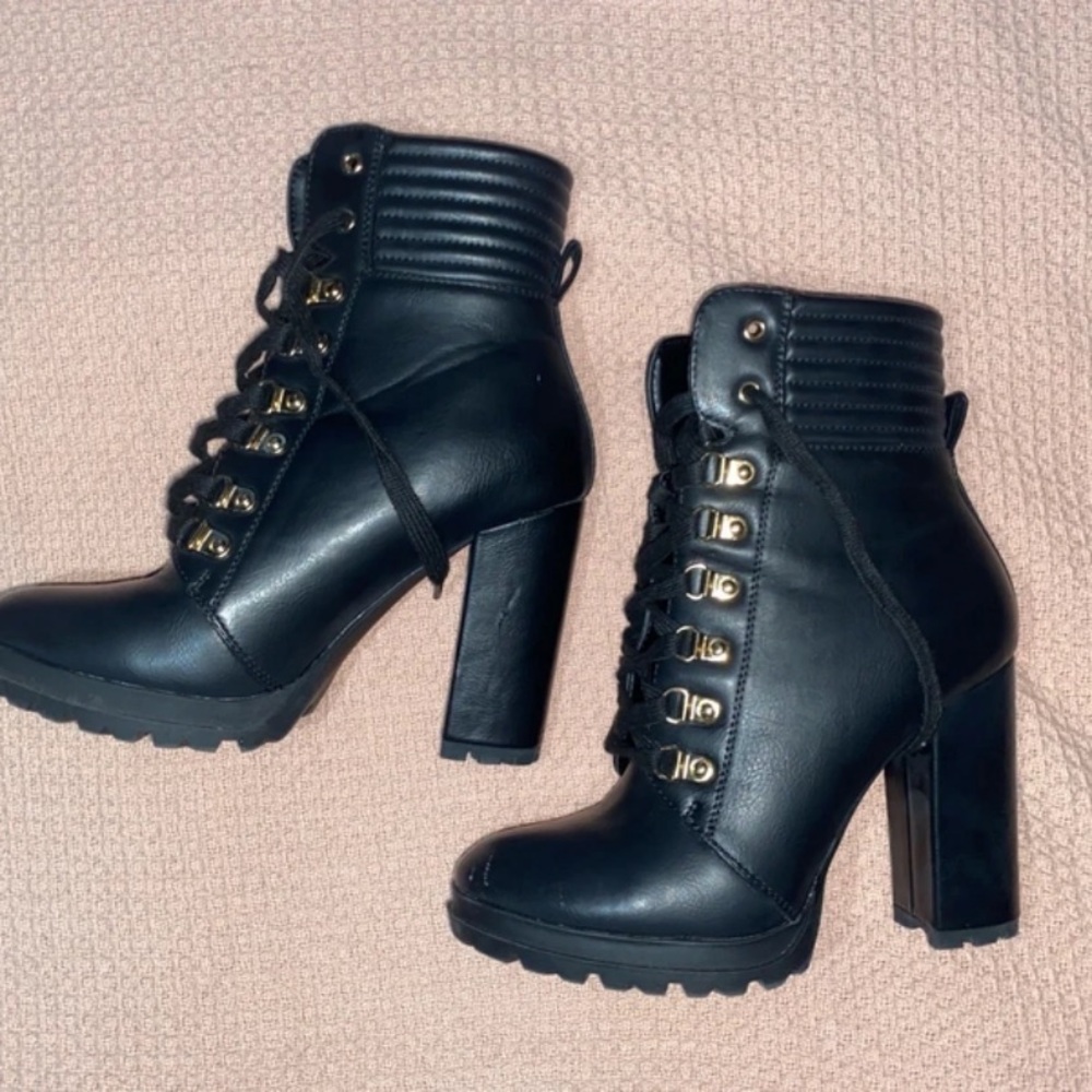 JustFab Black Lace-Up Heeled Boots with Gold Accents